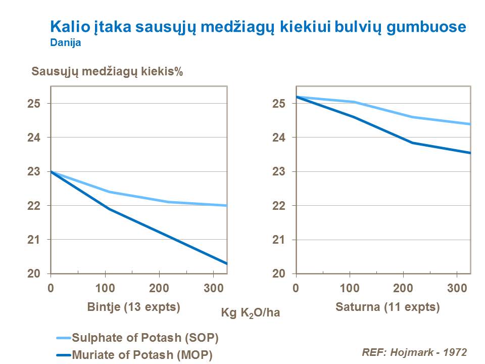 Tyrimai, atlikti Danijoje, rodo, kad naudojant kalio sulfatą (SOP), sausųjų medžiagų kiekis yra didesnis, negu naudojant kalio chloridą (MOP).