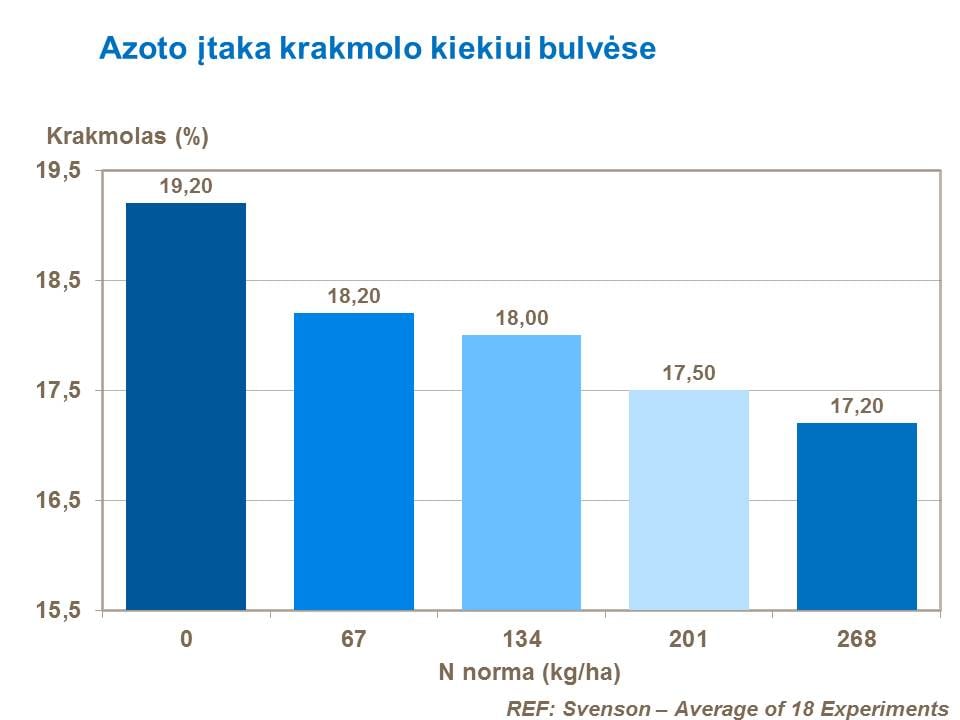Iliustracijoje pateikti bandymo rezultatų duomenys rodo, kad perteklinis tręšimas azotu vėlesniuose augimo tarpsniuose gali sumažinti krakmolo kiekį gumbuose.